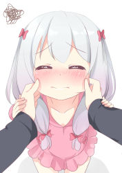 Rule 34 | 10s, 1girl, 3:, absurdres, blush, bow, cheek pinching, cheek pull, collarbone, commentary request, dress, eromanga sensei, closed eyes, facing viewer, from above, hair bow, highres, ikazu401, izumi sagiri, long hair, nose blush, pinching, pink dress, pov, silver hair, simple background, solo focus, squiggle, white background