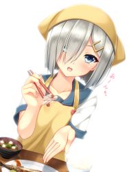 Rule 34 | 10s, 1girl, apron, blue eyes, bowl, breasts, bright background, chopsticks, fish, food, giving, hair ornament, hair over one eye, hairclip, hamakaze (kancolle), head scarf, heart, highres, kantai collection, looking at viewer, moeki yuuta, open mouth, plate, rice, school uniform, serafuku, short hair, silver hair, simple background, smile, solo, soup, table, translation request, white background