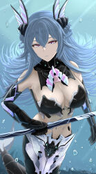 Rule 34 | 1girl, absurdres, archstreal, artist name, bare shoulders, black gloves, blue hair, breasts, cleavage, closed mouth, commentary, crossed bangs, elbow gloves, gloves, hair between eyes, hair ornament, highres, holding, lamia (punishing: gray raven), large breasts, long hair, looking at viewer, punishing: gray raven, purple eyes, solo, underwater, water