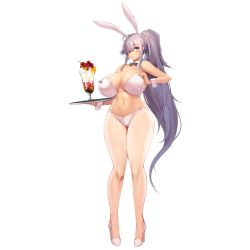 Rule 34 | 1girl, animal ears, bikini, blush, bow, bowtie, breasts, cherry, cream, detached collar, fake animal ears, food, fruit, full body, glass, gnome (last origin), hair over one eye, high heels, highres, huge breasts, ice cream, last origin, leotard, long hair, looking at viewer, name tag, navel, official art, pantyhose, parfait, playboy bunny, ponytail, rabbit ears, silver hair, snowball22, solo, sundae, swimsuit, tachi-e, transparent background, very long hair, white pantyhose, wrist cuffs