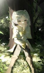 Rule 34 | 1girl, absurdres, frieren, green eyes, highres, long sleeves, looking at viewer, pointy ears, sitting, solo, sousou no frieren, tess (88884), tree, white hair