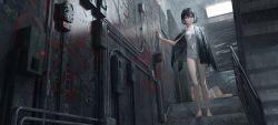 Rule 34 | 1girl, absurdres, barefoot, black hair, blood, chinese text, closed mouth, highres, holding, holding knife, homutan (syjg2733), jacket, jacket on shoulders, knife, looking at viewer, original, red eyes, short hair, solo, stairs