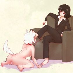 Rule 34 | 2girls, animal ears, ass, barefoot, black hair, blush, breasts, cameltoe, closed mouth, collar, contemporary, dog ears, dog tail, feet, femdom, foot on head, foot worship, formal, highres, inubashiri momiji, kuro ari (pixiv), leash, licking, licking foot, looking at another, medium breasts, multiple girls, nude, pants, pet play, red eyes, shameimaru aya, short hair, sitting, small breasts, suit, tail, tail wagging, tongue, tongue out, touhou, white hair, wolf ears, wolf tail, yuri