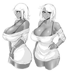 Rule 34 | 1girl, bangle, black bra, bra, bracelet, breasts, cleavage, commentary, curvy, dark skin, dress, earrings, english commentary, greyscale, gyaru, hand on own hip, highres, hoop earrings, huge breasts, jewelry, lailah (roresu), licking lips, looking at viewer, messy hair, mature female, monochrome, multiple views, naughty face, off-shoulder dress, off shoulder, aged up, original, ring, roresu, short dress, short hair, spaghetti strap, strap gap, tan, thick thighs, thighs, tongue, tongue out, underwear, wedding band