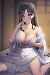 Rule 34 | 1girl, absurdres, black hair, blush, breasts, cleavage, collarbone, eyes visible through hair, futon, hair over eyes, highres, indoors, japanese clothes, kimono, large breasts, lethe (lethe187), light particles, long hair, no bra, open clothes, open kimono, original, purple eyes, shouji, sitting, sliding doors, solo, sweat, thighs, undressing, very long hair, wariza, white kimono, wide sleeves
