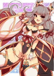Rule 34 | 1girl, :d, animal ears, blush, breasts, brown eyes, chest jewel, cowboy shot, detached sleeves, gluteal fold, grey hair, long hair, low twintails, medium breasts, nia (blade) (xenoblade), nia (xenoblade), open mouth, smile, solo, thighhighs, thighs, twintails, very long hair, virus-g, xenoblade chronicles (series), xenoblade chronicles 2