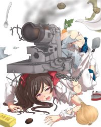 Rule 34 | 10s, 1girl, ahoge, all fours, anal, anal object insertion, apron, ass, blush, bow, breasts, brown hair, butter, carrot, character name, damaged, defeat, food, food insertion, frills, hair bow, highres, kantai collection, kappougi, kibino ido, large breasts, long hair, long sleeves, machinery, mamiya (kancolle), nipples, object insertion, onion, open mouth, pink eyes, ponytail, potato, purple eyes, red bow, sandals, simple background, skindentation, smoke, socks, solo, spoon, suggestive fluid, top-down bottom-up, torn clothes, white background