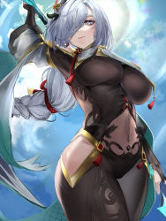 Rule 34 | 1girl, absurdres, arm up, bare shoulders, black bodysuit, blue eyes, blue sky, bodysuit, braid, breasts, cloud, covered navel, cowboy shot, day, genshin impact, hair ornament, hair over one eye, highres, hip vent, large breasts, long hair, looking at viewer, mookie (e mook9), polearm, shenhe (genshin impact), sky, solo, thighs, underboob, very long hair, weapon, white hair