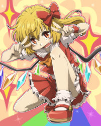 Rule 34 | 1girl, blonde hair, bow, fang, flandre scarlet, hair bow, kneeling, looking at viewer, mary janes, nitoni, no headwear, open mouth, red eyes, red skirt, shoes, side ponytail, skirt, solo, touhou, wings