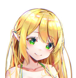 Rule 34 | 1girl, bare shoulders, blonde hair, closed mouth, collarbone, commentary request, green eyes, hair bobbles, hair ornament, halterneck, han (hehuihuihui), long hair, looking at viewer, original, pointy ears, simple background, smile, solo, upper body, white background