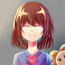 Rule 34 | :|, ^ ^, androgynous, brown eyes, brown hair, closed eyes, closed mouth, flower, flowey (undertale), frisk (undertale), gender request, glowing, gradient background, heart, highres, jitome, kevin ramadhan, kramadhan73, long neck, shirt, smile, striped clothes, striped shirt, undertale, upper body