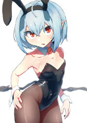 Rule 34 | 1girl, absurdres, alternate costume, animal ears, bat wings, black leotard, black wings, blue hair, blush, breasts, brooch, brown pantyhose, commentary request, contrapposto, covered navel, cowboy shot, crossed bangs, detached collar, fake animal ears, hair between eyes, hand on own hip, highres, jewelry, leotard, looking at viewer, low wings, medium bangs, open mouth, orange brooch, pantyhose, playboy bunny, rabbit ears, red eyes, remilia scarlet, shiny skin, short hair, simple background, slit pupils, small breasts, solo, sotatsudraw, strapless, strapless leotard, touhou, white background, wings, wrist cuffs