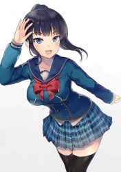 Rule 34 | 1girl, :d, aoi ch., arm up, black hair, black thighhighs, blue eyes, blue skirt, blunt bangs, breasts, commentary request, fuji aoi, highres, large breasts, leaning forward, looking at viewer, mattsun (kai), open hand, open mouth, plaid, plaid skirt, ponytail, red ribbon, ribbon, skirt, smile, solo, thighhighs, virtual youtuber, white background, zettai ryouiki