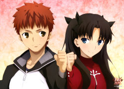 Rule 34 | 1boy, 1girl, absurdres, black hair, blue eyes, blush, brown eyes, clenched hand, clenched hands, couple, emiya shirou, fate/stay night, fate (series), fist bump, gradient background, highres, jacket, long hair, long sleeves, looking at another, looking to the side, official art, orange hair, red sweater, ribbon, short hair, side-by-side, smile, sweater, tohsaka rin, twintails, two side up, upper body