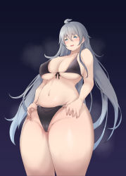 Rule 34 | 1girl, :d, absurdres, adjusting clothes, adjusting swimsuit, ahoge, bikini, black bikini, blue background, blue eyes, breasts, cameltoe, cleavage, commission, cowboy shot, curvy, eyebrows hidden by hair, from below, front-tie bikini top, front-tie top, gradient background, grey hair, hair between eyes, highres, huge breasts, long hair, navel, open mouth, original, priana, simple background, sinundu, skeb commission, skindentation, smile, solo, steaming body, swimsuit, thick thighs, thighs, very long hair, wide hips
