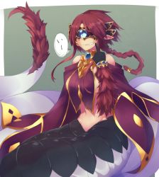 Rule 34 | 1girl, bare shoulders, basilisk (monster girl encyclopedia), black gloves, blindfold, braid, breasts, commentary request, feathers, finger to mouth, gloves, grin, highres, jewelry, lamia, large breasts, long hair, mask, monster girl, monster girl encyclopedia, navel, pointy ears, red hair, scales, sharp teeth, sideboob, simple background, single braid, smile, solo, speech bubble, tail, teeth, translation request, yonaga san
