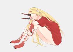 Rule 34 | 1girl, absurdres, bare legs, blonde hair, blush, earrings, facial mark, fate/grand order, fate (series), fingernails, forehead mark, grey background, highres, horns, ibaraki douji (fate), jewelry, long hair, looking at viewer, mame cs5, oni, pointy ears, red shirt, sharp fingernails, shirt, simple background, sitting, solo, yellow eyes