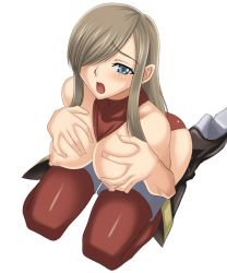 Rule 34 | 00s, 1girl, blue eyes, grabbing another&#039;s breast, breast suppress, breasts, brown hair, grabbing, kneeling, large breasts, long hair, open mouth, solo, syunzou, tales of (series), tales of the abyss, tear grants, thighhighs