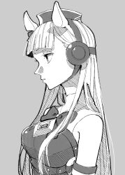 Rule 34 | 1girl, animal ears, armband, bare shoulders, blunt bangs, bow, bowtie, chest strap, chin strap, commentary request, expressionless, from side, gold ship (umamusume), greyscale, hair behind ear, hair over shoulder, half-closed eyes, hatching (texture), highres, horse ears, long hair, looking ahead, monochrome, parted lips, pillbox hat, simple background, sleeveless, sleeveless jacket, solo, umamusume, yezi (yo10ru29ko)