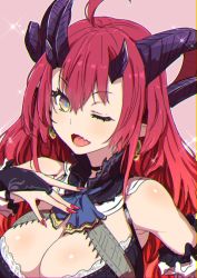 Rule 34 | + +, 1girl, ahoge, bare shoulders, black choker, black gloves, blue neckwear, blush, breasts, bridal gauntlets, choker, clearite, cleavage, curled horns, demon girl, demon horns, detached sleeves, dress, earrings, eyelashes, fang, fingernails, gloves, grey dress, hair between eyes, hand on own chest, horns, jewelry, large breasts, long fingernails, long hair, looking at viewer, magrona, magrona channel, multiple horns, nail polish, one eye closed, open mouth, pink hair, pink nails, upper body, virtual youtuber, yellow eyes