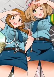 Rule 34 | 216 zig, 2girls, :d, absurdres, ahoge, armband, belt, blue shirt, blue skirt, bow, breast pocket, breasts, brown hair, commentary request, green eyes, hair bow, height difference, highres, idolmaster, idolmaster cinderella girls, katagiri sanae, large breasts, light brown hair, looking at viewer, looking down, low twintails, miniskirt, multiple girls, necktie, one eye closed, open mouth, pencil skirt, pocket, police, police uniform, policewoman, polka dot, polka dot bow, salute, sato shin, shirt, short sleeves, short twintails, skirt, smile, twintails, uniform