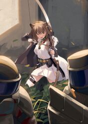 Rule 34 | 1girl, 2others, absurdres, animal ears, arknights, arrow (projectile), bow (weapon), breasts, brown hair, brown jacket, chinese commentary, commentary request, drawing bow, dress, highres, holding, holding bow (weapon), holding weapon, jacket, long hair, lunacub (arknights), medium breasts, mole, mole on arm, multiple others, open mouth, short dress, side slit, sleeveless, sleeveless dress, solo focus, weapon, welt (kinsei koutenkyoku), white dress, wolf ears, wolf girl, yellow eyes