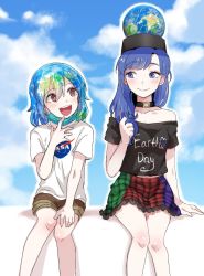 Rule 34 | 2girls, arm support, black shirt, blue eyes, blue hair, breasts, brown eyes, brown shorts, cleavage, closed mouth, clothes writing, cloud, cloudy sky, collar, collarbone, day, earth-chan, earth (ornament), earth hair, english text, eyelashes, flat chest, frilled skirt, frills, green hair, twirling hair, happy, hecatia lapislazuli, hecatia lapislazuli (earth), highres, himuhino, mask, mask pull, medium hair, midriff, miniskirt, mouth mask, multicolored hair, multiple girls, nasa logo, navel, off-shoulder shirt, off shoulder, open mouth, original, outdoors, personification, plaid, plaid skirt, planet, shirt, short hair, short sleeves, shorts, sitting, skirt, sky, small breasts, smile, surgical mask, t-shirt, teeth, touhou, two-tone hair, upper teeth only, white shirt