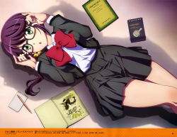 Rule 34 | 10s, 1girl, absurdres, adjusting eyewear, bell, black skirt, blush, bow, breasts, glasses, green eyes, highres, hoshimi junna, long hair, looking at viewer, lying, magazine scan, medium breasts, megami deluxe, nishiogi hanawa, notepad, on back, page number, parted lips, pencil, purple hair, red bow, scan, shoujo kageki revue starlight, skirt, solo