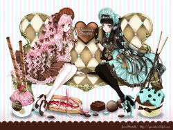 Rule 34 | 2girls, argyle, black footwear, black gloves, black hair, black legwear, blue eyes, blue footwear, bonnet, bow, cake, candy, chocolate, chocolate heart, couch, cream, cupcake, dessert, dress, food, frills, gem, gloves, hair bow, hair ribbon, headdress, heart, high heels, highres, hime cut, jewelry, lolita fashion, long hair, looking at viewer, multiple girls, original, pantyhose, patterned upholstery, petticoat, pink hair, polka dot, polka dot dress, purple eyes, ribbon, ring, shiitake (gensoudou), shoes, sitting, smile, striped, striped background, valentine, vertical stripes, white gloves, white legwear
