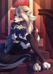 Rule 34 | 1girl, animal ears, breasts, collar, furry, helluva boss, highres, long hair, loona (helluva boss), mobile, navel, piercing, red eyes, redchet green, signature, studded collar, tail, white hair, wolf ears, wolf tail