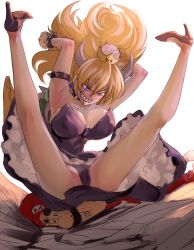 Rule 34 | 1boy, 1girl, armlet, armpits, arms up, backlighting, black panties, blonde hair, blue eyes, blue gemstone, bowser bomb, bowsette, bracelet, breasts, cabbie hat, cameltoe, cleavage, collar, commentary request, crack, cracked floor, crown, dress, earrings, facial hair, falling, forked eyebrows, gem, hat, high heels, in the face, jewelry, kneepits, large breasts, legs, leotard, leotard under clothes, long hair, mario, mario (series), mustache, narrow waist, new super mario bros. u deluxe, nintendo, no bra, panties, pointy ears, ponytail, red hat, sharp teeth, simple background, sitting, sitting on face, sitting on person, skirt, smile, spiked armlet, spiked bracelet, spiked collar, spiked shell, spikes, spread legs, stiletto heels, super crown, tail, teeth, thick eyebrows, uenoryoma, underwear, upskirt, v-shaped eyebrows, very long hair, white background, wide-eyed
