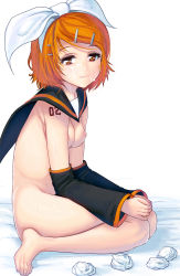 Rule 34 | 1girl, arm warmers, barefoot, blush, breasts, brown eyes, commentary request, cum, facial, feet, female focus, full body, hair ornament, hair ribbon, hairclip, kagamine rin, kouno (masao), looking at viewer, nipples, nude, orange hair, own hands together, ribbon, sailor collar, short hair, simple background, smile, solo, sweat, tattoo, used tissue, vocaloid