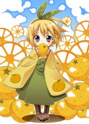 Rule 34 | 1girl, 5293150, bad id, bad pixiv id, blonde hair, blush, boots, covering face, covering own mouth, covering privates, food, food-themed clothes, four horizontal bars, fruit, hairband, headband, highres, holding, holding food, holding fruit, looking at viewer, mittan, orange (fruit), orange print, original, personification, pigeon-toed, short hair, shy, solo