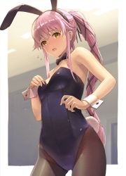 Rule 34 | 1girl, adjusting clothes, alternate costume, animal ears, bare shoulders, black bow, black bowtie, blush, bow, bowtie, breasts, brown bow, brown bowtie, detached collar, fake animal ears, flying sweatdrops, hair between eyes, hair flaps, hair ribbon, indoors, kantai collection, leotard, long hair, looking at viewer, medium breasts, open mouth, pantyhose, pink hair, playboy bunny, ponytail, rabbit ears, rabbit tail, ribbon, sidelocks, solo, sweat, sweatdrop, tail, tantaka, very long hair, wrist cuffs, yellow eyes, yura (kancolle)