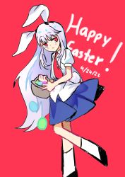 Rule 34 | 1girl, absurdres, animal ears, text background, black footwear, blue skirt, closed mouth, commeowdore, easter, egg, highres, long hair, necktie, purple hair, rabbit ears, red background, reisen udongein inaba, shirt, simple background, skirt, socks, touhou, white shirt
