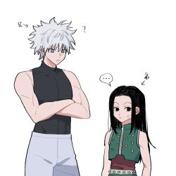 Rule 34 | ..., 2boys, age switch, aged down, aged up, anger vein, arms at sides, arrow (symbol), bare arms, bare shoulders, black hair, black shirt, blue eyes, brothers, chinese commentary, closed mouth, crop top, crossed arms, grey hair, hotaruuu 1027, hunter x hunter, illumi zoldyck, killua zoldyck, long hair, looking at another, looking down, multiple boys, pants, parted bangs, shirt, short hair, siblings, sideways glance, simple background, sleeveless, spoken ellipsis, tight clothes, tight shirt, toned, toned male, turtleneck, white background, white pants