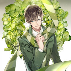 Rule 34 | ahoge, blue eyes, brown hair, flower, gao yingjie, gradient background, green scarf, grey background, hand up, happy birthday, male focus, quan zhi gao shou, s (olath), scarf, standing, striped clothes, striped scarf, upper body
