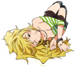 Rule 34 | 1girl, absurdres, akizuki ritchan, blonde hair, breasts, cleavage, full body, green eyes, highres, hoshii miki, idolmaster, idolmaster (classic), jewelry, long hair, lying, on back, one eye closed, pendant, simple background, smile, solo, striped, wavy mouth, white background