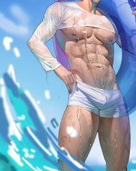 Rule 34 | 1boy, abs, bara, bare pectorals, boxers, cloud, cropped shirt, day, head out of frame, holding, holding swim ring, innertube, large pectorals, male focus, male swimwear, male underwear, navel, original, outdoors, pectorals, rose song, see-through, shirt, sky, solo, swim briefs, swim ring, thick thighs, thighs, underwear, water, wet, wet clothes, wet shirt, white male swimwear, white male underwear, white shirt