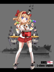 Rule 34 | 1girl, :d, badge, blue eyes, blush, braid, brown hair, buttons, candy, cannon, character name, colored eyelashes, cymbals, drum, emblem, eyebrows, fang, flag, food, full body, hair ribbon, hairband, highres, hms legion, instrument, jacket, legion (warship girls r), legs apart, lollipop, long sleeves, machinery, military, military vehicle, miniskirt, musical note, number tattoo, official art, open mouth, photo background, plaid, plaid ribbon, plaid skirt, pleated skirt, propeller, red ribbon, red skirt, ribbon, ship, sirills, skirt, smile, smoke, smokestack, solo, standing, tattoo, text focus, thighhighs, torpedo, treble clef, turret, twin braids, union jack, warship, warship girls r, watercraft, white ensign, white jacket, white thighhighs