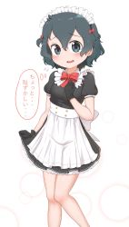 Rule 34 | 1girl, alternate costume, apron, back bow, black dress, black gloves, black hair, blue eyes, blush, bow, bowtie, chis (js60216), collar, commentary request, dress, enmaided, flying sweatdrops, frilled collar, frills, gloves, hair bow, highres, kaban (kemono friends), kemono friends, looking at viewer, maid, maid headdress, puffy short sleeves, puffy sleeves, red bow, red bowtie, short dress, short hair, short sleeves, short twintails, solo, translation request, twintails, white apron