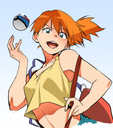 Rule 34 | 1girl, armpits, asymmetrical hair, bag, bare arms, bare shoulders, blouse, collarbone, creatures (company), cropped shirt, cropped torso, eyelashes, fingernails, game freak, great ball, green eyes, hair between eyes, hand up, henriiku (ahemaru), leaning forward, looking at viewer, medium hair, midriff, misty (pokemon), nintendo, open mouth, orange hair, parted bangs, poke ball, pokemon, pokemon (anime), pokemon (classic anime), pulling own clothes, raised eyebrow, shirt, shoulder bag, side ponytail, sleeveless, sleeveless shirt, smile, smug, solo, stomach, suspenders, suspenders pull, upper body