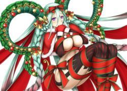 Rule 34 | 1girl, aqua hair, black legwear, bow, braid, breasts, cleavage, fate/grand order, fate (series), gloves, gold trim, green hair, hair bow, hair ribbon, horns, hozenkakari, large breasts, light smile, long horns, multicolored hair, pinstripe legwear, pinstripe pattern, pointy ears, purple eyes, red gloves, red hair, red legwear, red ribbon, revision, ribbon, santa costume, simple background, solo, striped, symbol-shaped pupils, thighs, tiamat (fate), twin braids, two-tone hair, underboob, white background, x-shaped pupils