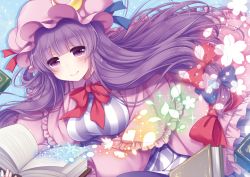 Rule 34 | blue background, blue bow, blue ribbon, blush, book, bow, braid, breasts, commentary request, crescent, crescent pin, flower, hat, large breasts, leaf, light background, looking at viewer, magic, open book, patchouli knowledge, purple eyes, purple hair, red bow, red neckwear, red ribbon, ribbon, sanotsuki, smile, snowflakes, solo, sparkle, touhou