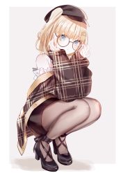 Rule 34 | 1girl, adjusting eyewear, asymmetrical hair, black-framed eyewear, black coat, black footwear, black hat, black skirt, blonde hair, blue eyes, border, brown coat, brown pantyhose, cabbie hat, coat, commentary, eyelashes, footwear ribbon, frilled sleeves, frills, full body, glasses, gold trim, grey background, hair ornament, hairclip, hands on own face, hands up, hat, high heels, highres, hololive, hololive english, legs together, light blush, long sleeves, looking at viewer, magnifying glass, miniskirt, misumi (macaroni), off shoulder, official alternate costume, open clothes, open coat, outside border, pantyhose, parted lips, pencil skirt, plaid, plaid coat, round eyewear, short hair, side ponytail, simple background, skirt, sleeves past wrists, solo, squatting, unmoving pattern, virtual youtuber, watson amelia, watson amelia (street casual), white border, x hair ornament