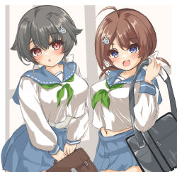 Rule 34 | 2girls, alternate costume, bag, black hair, blue sailor collar, blue skirt, breasts, brown hair, chougei (kancolle), commentary request, cowboy shot, green neckerchief, grey eyes, hair flaps, hair ornament, hair ribbon, hair rings, hairclip, highres, jingei (kancolle), kantai collection, kasashi (kasasi008), large breasts, long hair, looking at viewer, low ponytail, low twintails, multiple girls, neckerchief, red eyes, ribbon, sailor collar, school bag, school uniform, serafuku, shirt, skirt, twintails, white shirt