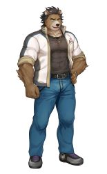Rule 34 | 1boy, absurdres, animal ears, arm hair, bara, bear boy, bear ears, beige fur, belt, black belt, black hair, black shirt, blue eyes, brown fur, commentary request, copyright request, covered abs, denim, facial hair, fangs, full body, furrification, furry, furry male, goatee, gozu farm, hand on own hip, highres, jacket, jeans, jewelry, large pectorals, looking at viewer, male focus, mature male, mikeyama ginji, muscular, muscular male, necklace, official art, open clothes, open jacket, pants, pectoral cleavage, pectorals, shirt, short hair, simple background, sleeves rolled up, smile, solo, tight clothes, tight shirt, two-tone fur, virtual youtuber, watch, white background, wristwatch