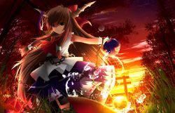 Rule 34 | 1girl, belt, bow, chain, cloud, cuffs, gourd, grass, hair bow, horn ornament, horn ribbon, horns, ibuki suika, lens flare, light brown hair, light smile, long hair, looking at viewer, outstretched arm, pengin (takeoff425), pouring, pyramid (geometry), ribbon, shackles, shirt, sidelocks, skirt, sky, sleeveless, sleeveless shirt, solo, orb, star (sky), starry sky, torii, touhou, tree, twilight, very long hair, wrist cuffs, yellow eyes