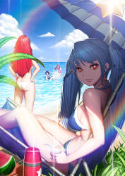 Rule 34 | 4girls, ass, banajune, bare arms, beach, beach umbrella, bendy straw, bikini, blue bikini, blue hair, blue ribbon, blue sky, breasts, chair, character request, closed mouth, cloud, cup, day, drill hair, drinking glass, drinking straw, eyelashes, folding chair, food, fruit, grass, hair ribbon, hands on own hips, highres, holding, holding cup, holding drinking glass, innertube, large breasts, leaf, lens flare, long hair, looking at viewer, luthica preventer, multiple girls, ocean, one-piece swimsuit, orange (fruit), orange slice, outdoors, pink one-piece swimsuit, rainbow, red eyes, ribbon, sand, shade, sitting, sky, smile, splashing, standing, stomach, strap gap, swim ring, swimsuit, sword girls, twin drills, twintails, umbrella, wading, watermelon, white bikini