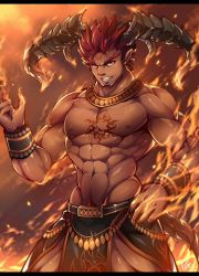 Rule 34 | 1boy, abs, bara, chest tattoo, curled horns, dark-skinned male, dark skin, demon boy, demon horns, fire, forked eyebrows, highres, horns, ifrit (housamo), jewelry, looking at viewer, male focus, muscular, muscular male, navel, navel hair, necklace, nipples, orange eyes, pectorals, pelvic curtain, pointy ears, pyrokinesis, red hair, revealing clothes, short hair, solo, spiked hair, stomach, tattoo, tengo (maotengo), thick eyebrows, thighs, tokyo houkago summoners, topless male